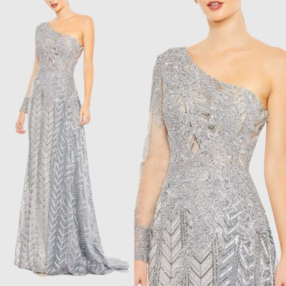 Mac Duggal Dresses & Skirts - Mac Duggal 20401 Size 8 Silver Embellished One Shoulder A Line Gown Maxi Dress